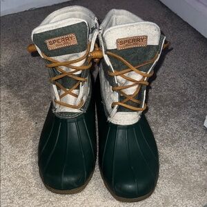 Sperry Forest Green and Cream Duck Boots